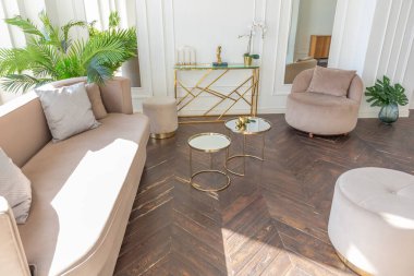 Şık, yumuşak bej mobilyalı, altın metalik elementli, yere açılan kocaman pencereli ve ahşap parke kaplı lüks ve parlak bir oturma odası.