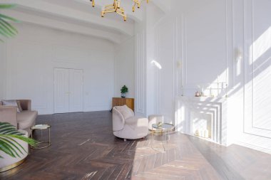 Şık, yumuşak bej mobilyalı, altın metalik elementli, yere açılan kocaman pencereli ve ahşap parke kaplı lüks ve parlak bir oturma odası.