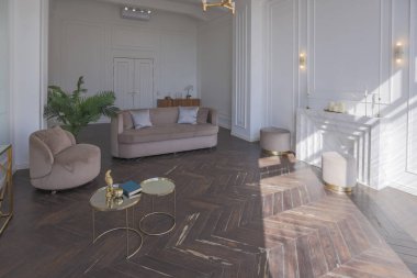 Şık, yumuşak bej mobilyalı, altın metalik elementli, yere açılan kocaman pencereli ve ahşap parke kaplı lüks ve parlak bir oturma odası.