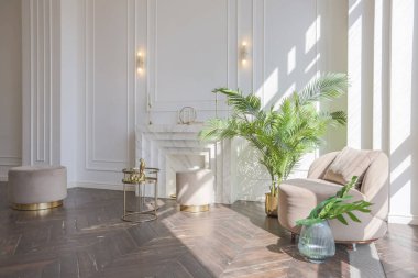 Şık, yumuşak bej mobilyalı, altın metalik elementli, yere açılan kocaman pencereli ve ahşap parke kaplı lüks ve parlak bir oturma odası.