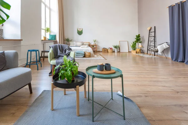 Interior Sótão Elegante Espaçoso Apartamento Com Grandes Janelas Parquet Chão — Fotografia de Stock