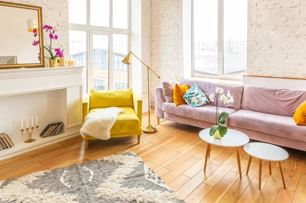 Scandinavian Style Apartment Interior Bright Yellow Warm Colors Wooden Flooring — Stock Photo, Image