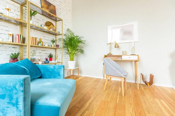Interior Study Style Loft Brick Wall Wooden Flooring Large Bright — Stock Photo, Image