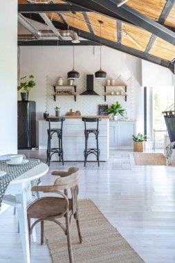 Şık mutfak iç tasarımı. Beyaz duvarlar ve ahşap süslemeler. Güzel hamak ve yüksek pencereler.