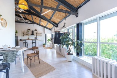 Şık mutfak iç tasarımı. Beyaz duvarlar ve ahşap süslemeler. Güzel hamak ve yüksek pencereler.