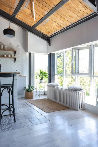 Stylish Kitchen Interior Design White Walls Wooden Decoration Beautiful Hammock — Stock Photo, Image