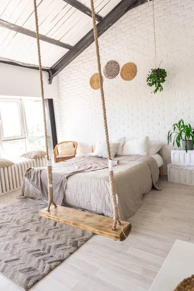 Luxury Bedroom Design Rustic Cottage Minimalist Style White Walls Panoramic — Stock Photo, Image