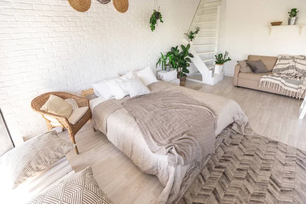 Luxury Bedroom Design Rustic Cottage Minimalist Style White Walls Panoramic — Stock Photo, Image