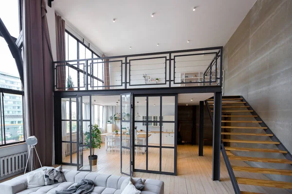 Trendy Modern Design Two Level Apartment Large High Windows Stylish — Stock Photo, Image