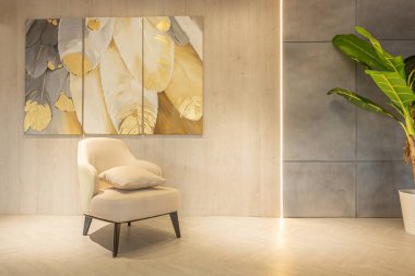 Stüdyo dairedeki oturma alanının sıcak ve yumuşak renklerde modern iç tasarımı. Dekoratif ışıklandırma ve yumuşak bej mobilyalar