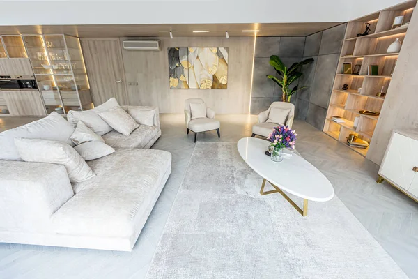 Modern Interior Design Living Area Studio Apartment Warm Soft Colors — Stock Photo, Image