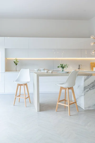 Luxe Interieur Van Moderne Trendy Sneeuwwitte Keuken Minimalistische Stijl Met — Stockfoto