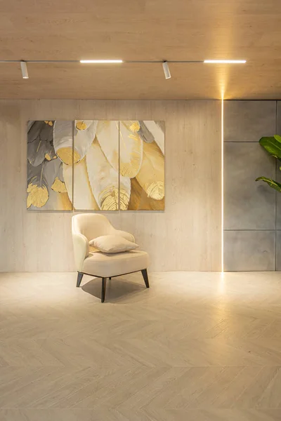 Design Interiores Moderno Área Estar Apartamento Estúdio Cores Suaves Quentes — Fotografia de Stock