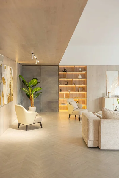 Design Interiores Moderno Área Estar Apartamento Estúdio Cores Suaves Quentes — Fotografia de Stock