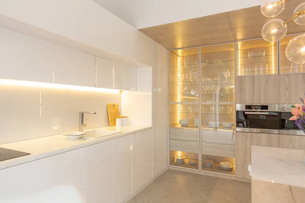 Design Interiores Luxo Moderna Moderna Cozinha Branca Neve Estilo Minimalista — Fotografia de Stock