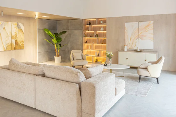 Modern Interieur Van Woonkamer Studio Appartement Warme Zachte Kleuren Decoratieve — Stockfoto