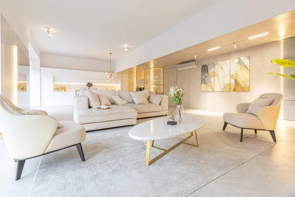 Beyaz ve bej renkli geniş tabandan tavana kadar pencereleri olan büyük bir stüdyonun modern iç tasarımı. Adayı ve dinlenme alanı olan beyaz mutfak.