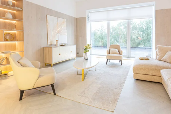 Modern Interieur Van Woonkamer Studio Appartement Warme Zachte Kleuren Decoratieve — Stockfoto