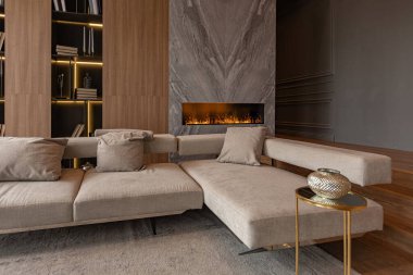 living room, marble wall fireplace and stylish bookcase in chic expensive interior of luxury country house with a modern design with wood and led light, gray furniture with gold elements clipart