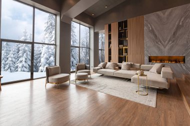 chic modern design of a dark expensive interior of a luxurious country house with huge panoramic windows and a magnificent view of the divine forest clipart