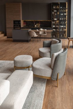 Karanlık, pahalı, lüks, rahat bir dairenin modern tasarımı.