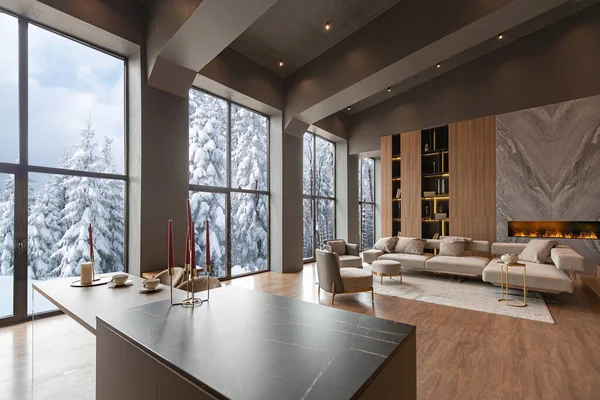 Elegante Diseño Moderno Interior Oscuro Caro Una Lujosa Casa Campo — Foto de Stock