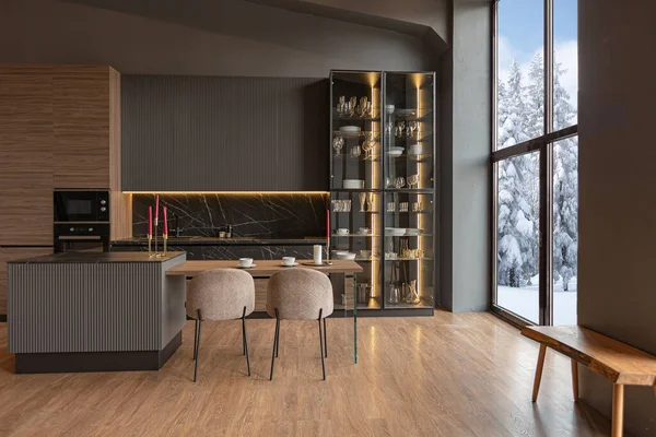 Área Cozinha Elegante Interior Caro Uma Casa Luxo Com Design — Fotografia de Stock