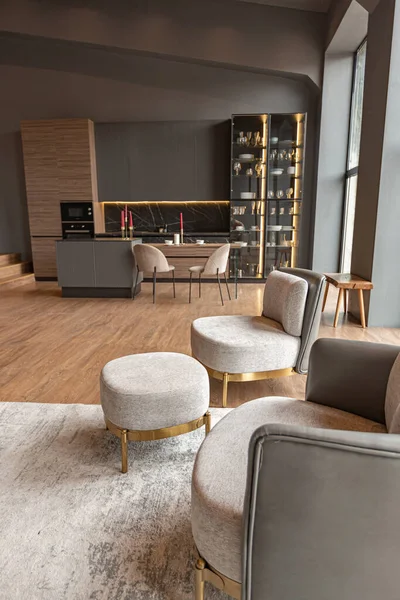 Chic Modern Design Dark Expensive Interior Luxurious Cozy Apartment — Stockfoto