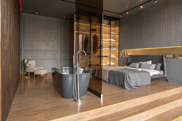 Kiemelkedő Fürdő Hálószoba Egy Elegáns Modern Design Sötét Drága Belső — Stock Fotó