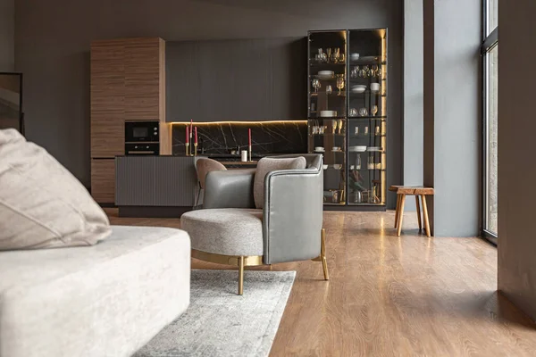 Chic Modern Design Dark Expensive Interior Luxurious Cozy Apartment — Foto Stock