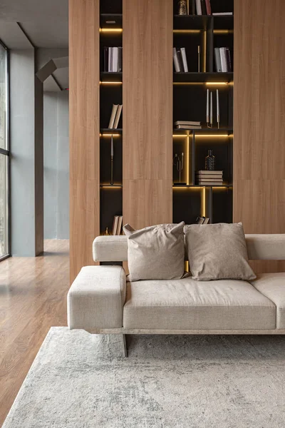 Wohnzimmer Wandkamin Aus Marmor Und Stilvolles Bücherregal Schicken Teuren Interieur — Stockfoto