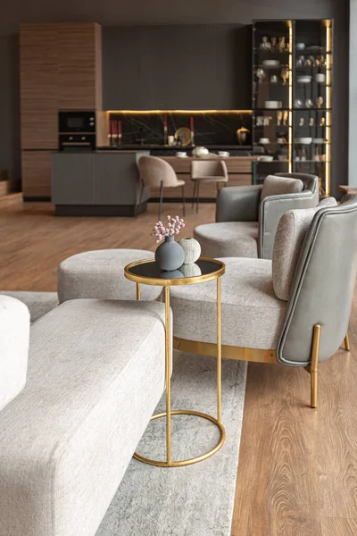 Chic Modern Design Dark Expensive Interior Luxurious Cozy Apartment — 스톡 사진