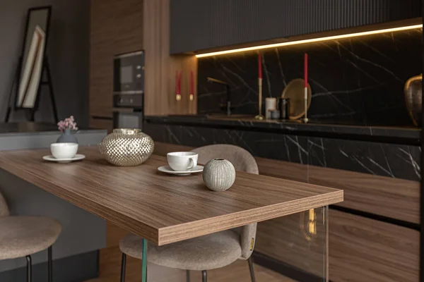 Küchenbereich Einem Schicken Teuren Interieur Eines Luxus Hauses Mit Dunkelschwarzem — Stockfoto