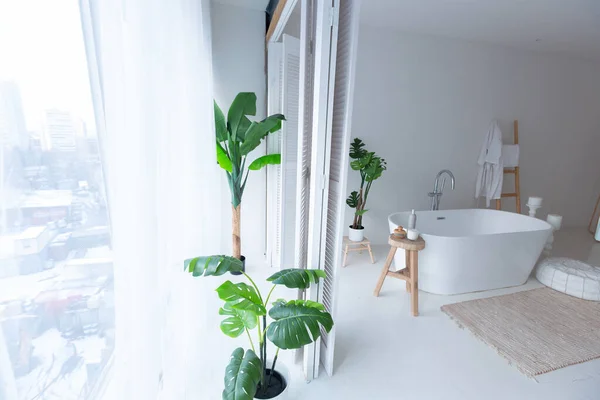 Extra Bílý Velmi Lehký Minimalistický Stylový Elegantní Interiér Koupelny Moderní — Stock fotografie