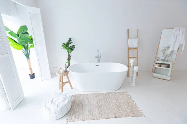 Stock image Extra white and very light minimalistic stylish elegant interior of bathroom with modern bath, green plants and wooden elements