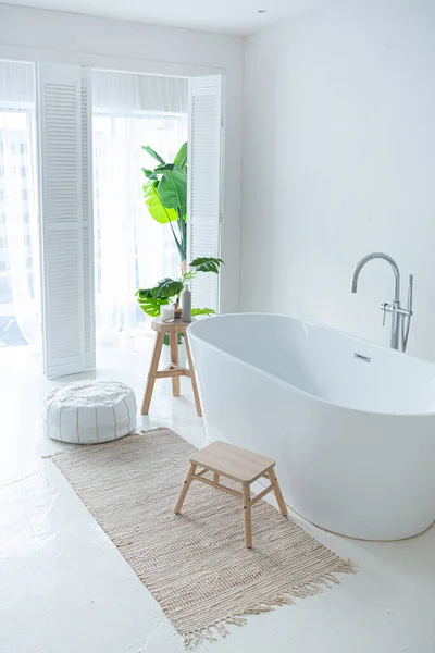 stock image Extra white and very light minimalistic stylish elegant interior of bathroom with modern bath, green plants and wooden elements