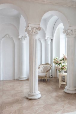 Modern, şık mobilyaları ve duvarlarında barok sütunlar ve sıva ile süslenmiş büyük piyanosu olan lüks ve lüks bir odanın içi.