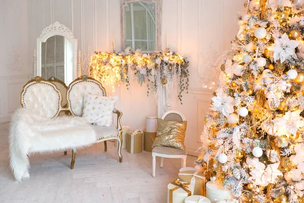 Stock image luxurious expensive light interior living room in a royal style decorated with a Christmas tree and large windows