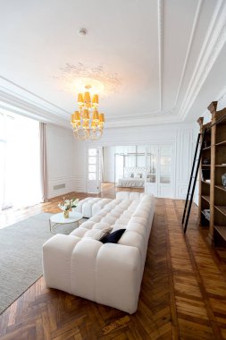 Lüks, büyük, iki odalı, modern bir apartman dairesi. Beyaz duvarlar, lüks pahalı mobilyalar, parke döşemeler ve beyaz iç kapılar.