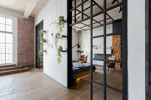 Luxury Studio Apartment Free Layout Loft Style Dark Colors Stylish — Stock Photo, Image
