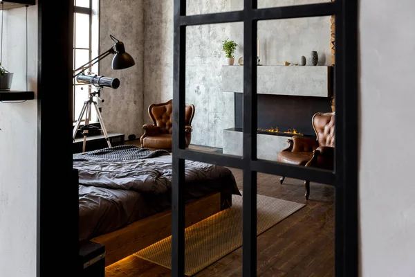 Luxury Studio Apartment Free Layout Loft Style Dark Colors Stylish — Stock Photo, Image