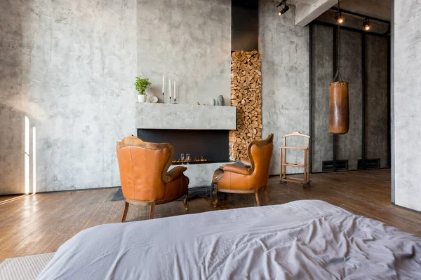 Apartamento Estúdio Luxo Com Layout Gratuito Estilo Loft Cores Escuras — Fotografia de Stock