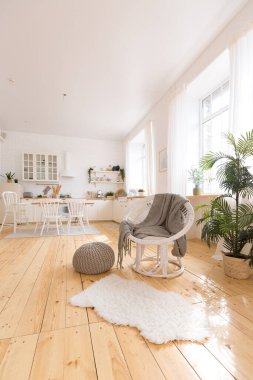 Mutfak ve yatak odalarının bedava tasarımı ile dairenin hoş ve rahat iç tasarımı. Bir sürü pencere, ahşap zemin ve salıncak..