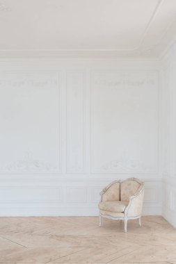 Pahalı antika mobilyaları olan büyük, şık bir salon. Barok iç tasarımı, duvarlarda süs ve yerde parke var..