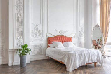 royal baroque style luxury posh interior of large room. extra white, full of day light. high ceiling and walls decorated by stucco clipart