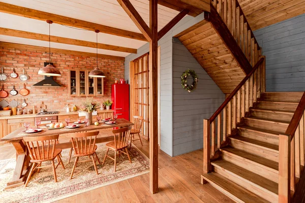 Cozy All Wooden Interior Country House Wooden Design Spacious Living — Stock Photo, Image