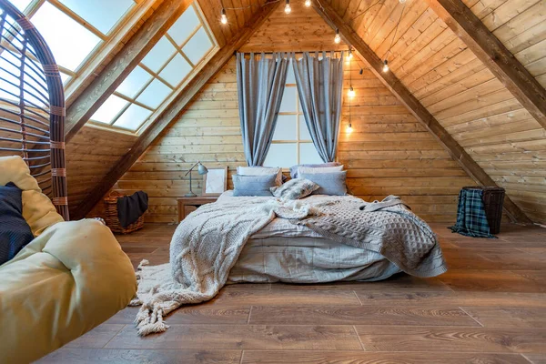Útulný Veškerý Dřevěný Interiér Venkovského Domu Dřevěném Provedení Prostorný Obývací — Stock fotografie