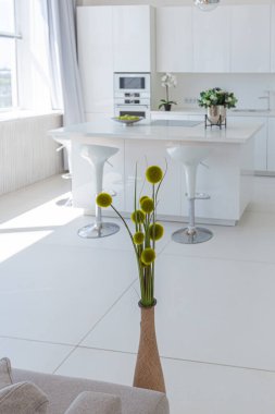 Minimalist tarzda pahalı mobilyaları olan ekstra beyaz renkli bir stüdyo dairenin lüks modern iç tasarımı. beyaz fayanslı zemin, mutfak, rahatlama alanı ve işyeri