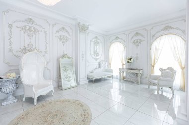 Barok tarzında lüks kraliyet iç mimarisi. Pahalı eski tarz mobilyaları olan aydınlık ve beyaz bir salon. Duvarlarda büyük pencereler ve sıva süslemeleri