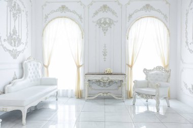 Barok tarzında lüks kraliyet iç mimarisi. Pahalı eski tarz mobilyaları olan aydınlık ve beyaz bir salon. Duvarlarda büyük pencereler ve sıva süslemeleri